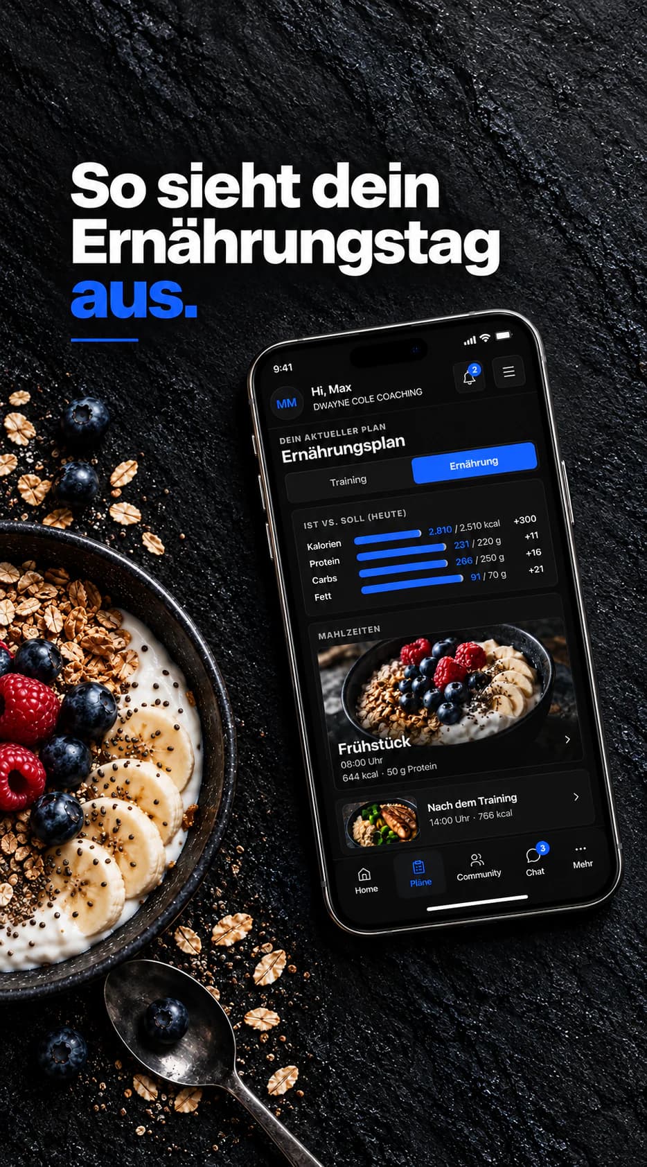 So sieht dein Ernährungstag aus. App-Visualisierung mit Mahlzeiten sowie Ist- und Sollwerten für Kalorien und Makros.