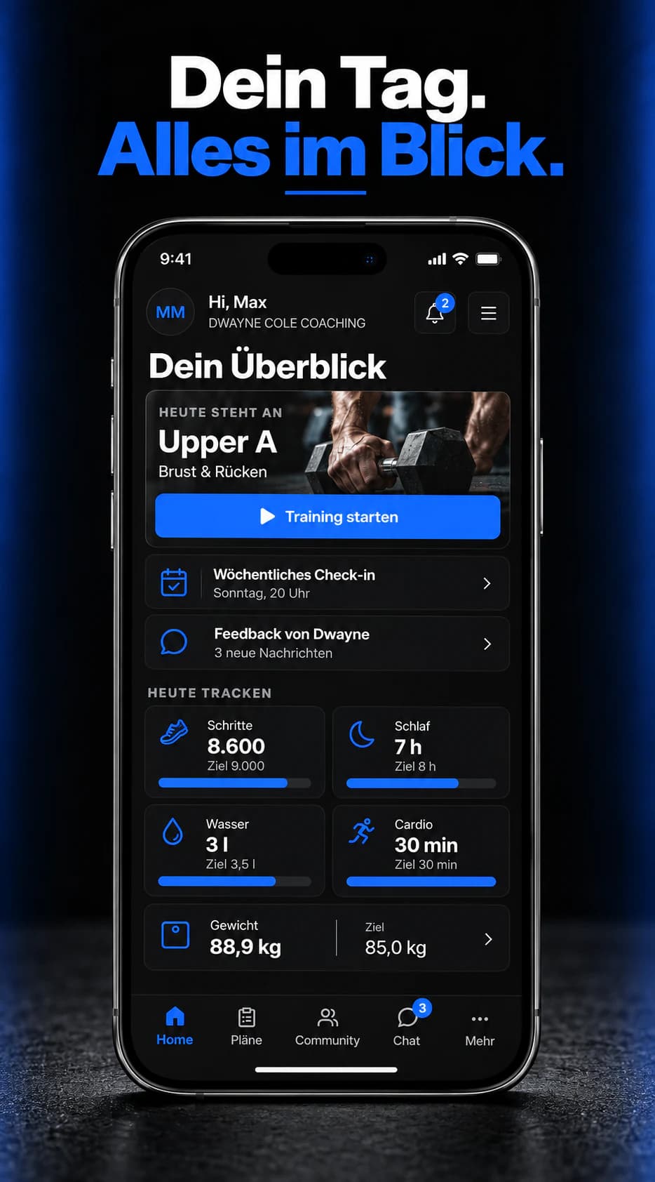 Dein Tag. Alles im Blick. App-Visualisierung mit Tagesaufgaben, Training, Feedback sowie Schritten, Schlaf, Wasser und Cardio.