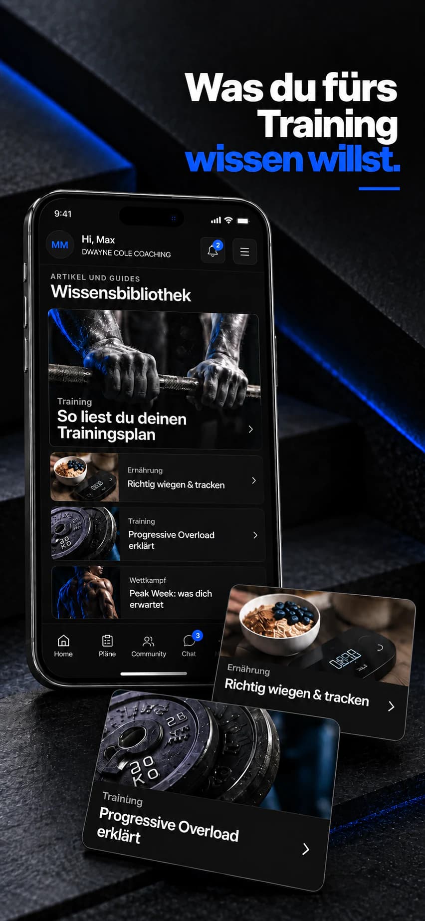 Was du fürs Training wissen willst. App-Visualisierung mit Artikeln zu Trainingsplanung, Ernährung und Wettkampf.